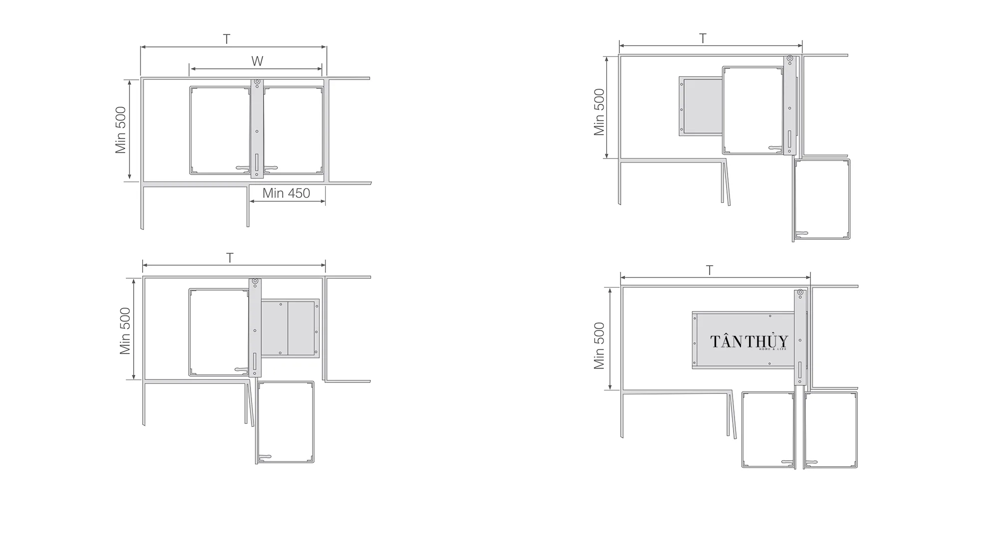 Kích thước khoang tủ để lắp Kệ Góc Liên Hoàn Hợp Kim Nhôm SHLBQKPXY-900